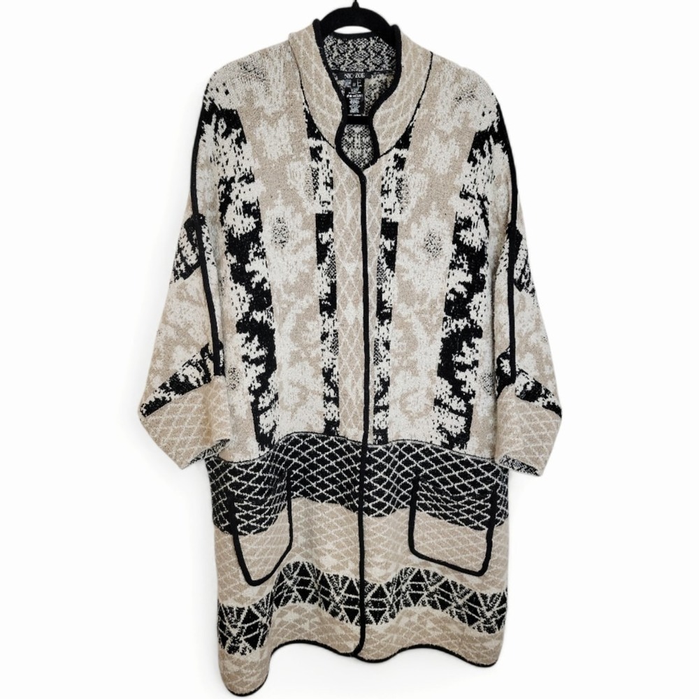 NIC+ZOE Long Open Cardigan 2X Neutral Abstract‎ Knit Cozy Chic